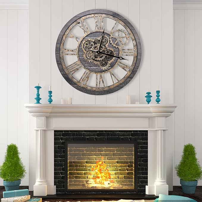 The B-Style Large Wall Clock 18 inch Moving Gear Wall Clock Oversized Vintage Farmhouse Wall Clocks for Living Room Decor Rustic Industrial Wood Clock (Carbon Gray)