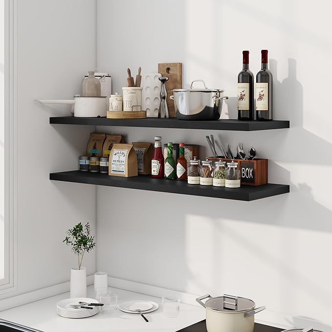 Dreamland 48" Floating Shelves for Wall, 12" Deep Slim Black Floating Shelves, Wall-Mounted Shelves for Bedroom, Living Room, Kitchen, Bathroom - Set of 2