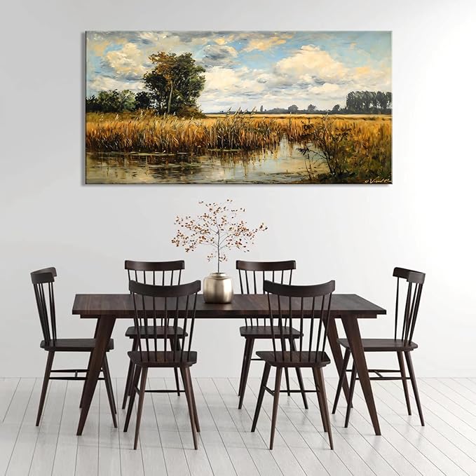 LASMOND Beautiful Wilderness Meadow Canvas Wall Art Oil Painting Reproduction Print Vintage Wildflower Field Scenery Countryside Landscape Tree Rustic Retro Decor Artwork Country Farmhouse Living Room 24x48 Inches