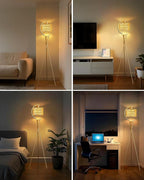 Lightdot Tripod Floor Lamp for Living Room, Gold Standing Lamp with E26 LED Bulb, Rattan Boho Floor Lamp, Farmhouse Tall Lamp for Bedroom, Arced Reading Light with Rattan& Linen Double Shades