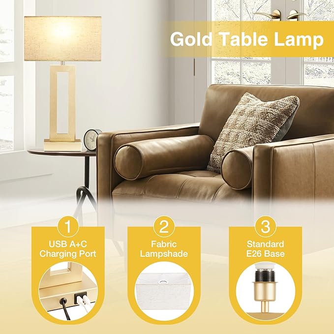 Seealle 22" Tall Bedroom Lamps for Living Room - Touch Gold Bedside Lamps with USB C+A, 3 Way Dimmable Lamp for Nightstand, Modern Night Stands Lamps for End Tables(Beige&Gold)