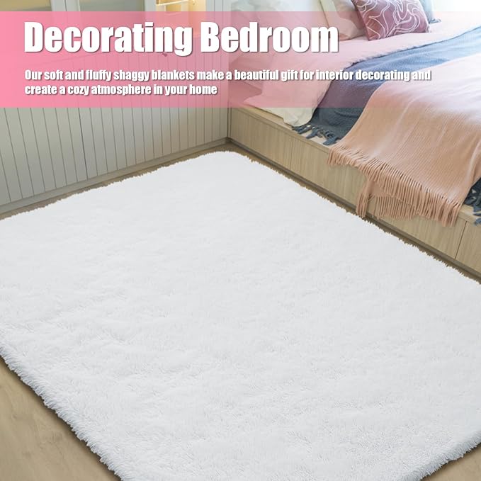 Shag Area Rug for Bedroom 5x8,White Fluffy Area Rugs for Living Room,Soft Fuzzy Rug Non-Shedding Indoor Plush Carpet for Kids Bedroom Nursery Dorm Home Decor