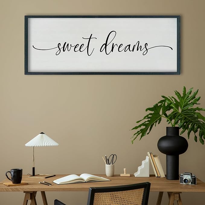 SRSZHIYUE Sweet Dreams Above Bed Wall Decor, 40"x15" Large Rustic Master Bedroom Over Bed Sign Guest Room Couples Wood Framed Farmhouse Horizontal Hanging Decoration (Black)
