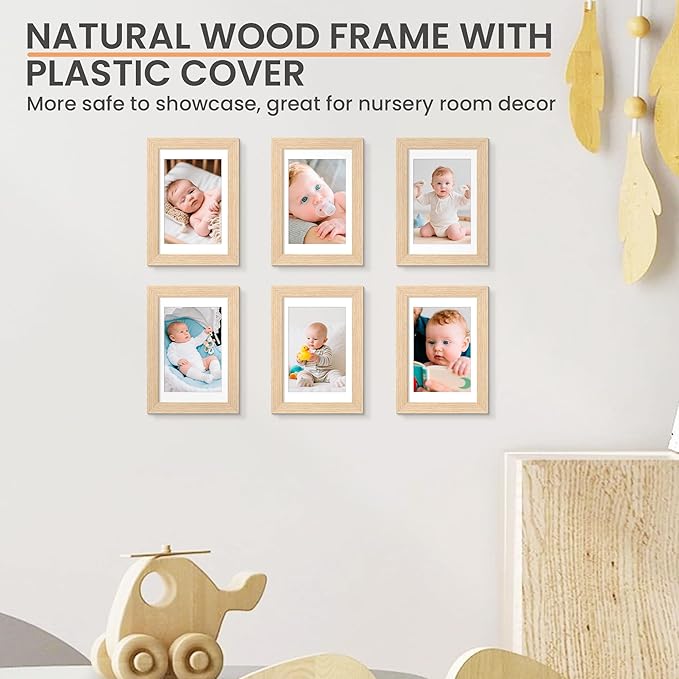 upsimples 4x6 Picture Frame, Natural Solid Wooden Picture Frames, Display 3.5x5 with Mat or 4 x 6 Without Mat, Wall or Tabletop, 1 Pack, Natural