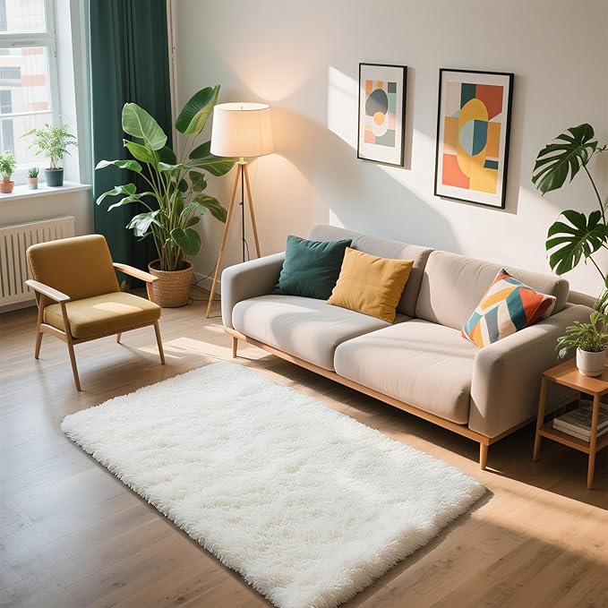 Shag Area Rug for Bedroom 3x5,White Fluffy Area Rugs for Living Room,Soft Fuzzy Rug Non-Shedding Indoor Plush Carpet for Kids Bedroom Nursery Dorm Home Decor