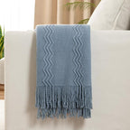 MIULEE Dusty Blue Cozy Knitted Throw Blanket for Couch Textured Knit Blanket with Tassels Woven Acrylic Wave Pattern Boho Blankets for Sofa Bed Chair 50"x60"
