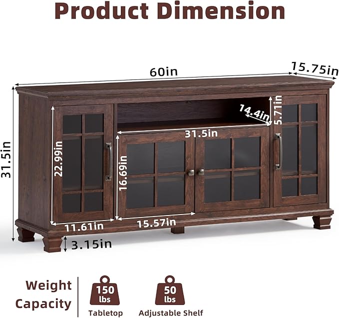 Large Sideboard Buffet Cabinet with Storage, Vintage Walnut Farmhouse 60" Wide Credenza Accent Cabinets with Glass Doors & Wood Legs, Kitchen Coffee Bar Table for Dining Room, Living Room