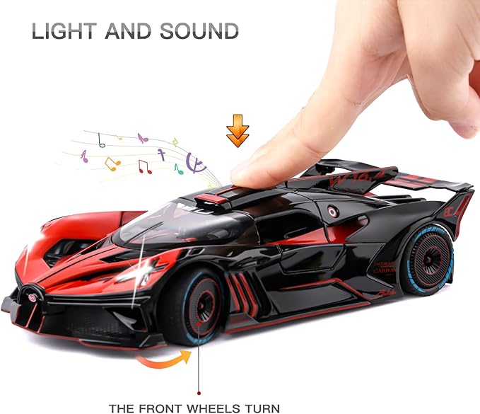 Toy Car Model for Bugatti Compatible with 1:24 Bugatti Bolide Alloy Diecast Car Toy with Lights and Music, Pull Back Car Toys for Kids Boys Girls Gift (Red)