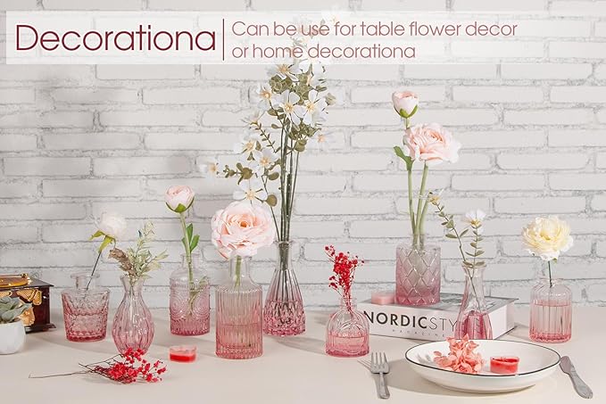 Pink Glass Bud Vases Set of 12, Vintage Mini Vases for Centerpieces, Glass Bud Vase in Bulk for Wedding Decor, Single Flowers, Office and Home Table Flower Décor