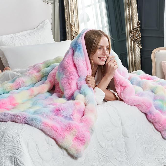 Cozy Bliss Faux Fur Throw Blanket for Couch, Fuzzy Soft Plush Thick Bubble Blanket for Sofa Bedroom Living Room, 60 * 80 Inches Tie-dye Rainbow