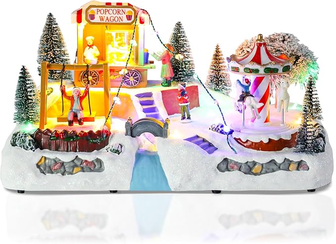 taman Christmas Village Houses - Musical Amusement Park Collectible Buildings with Merry-go-Around,Swing,Popcorn Wagon Ornaments for Christmas Holiday Decorations