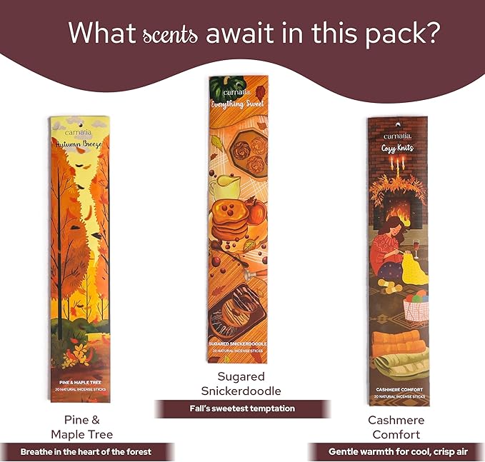 Carnatia Fall Whispers Incense Set – 6 Autumn Scents for Seasonal Warmth | Cozy Comfort & Inviting Ambience | Premium Quality Incense Sticks for Fall Vibes