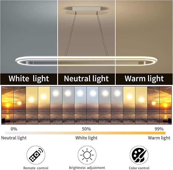 Island Lights, Linear Pendant Light LED Dimmable Hanging Light Fixture, 3000K-6000K with Remote Control,Chandeliers for Dining Room‎(Silver,43.3IN)