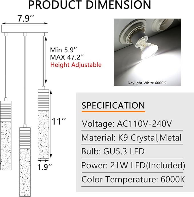 3-Lights Pendants Light for Kitchen Island Chandeliers Dining Room Pendant Lighting Fixture Bubble Crystal Ceiling Hanging Lights Bedroom Island Kitchen 6000K White Light Fixtures Chrome