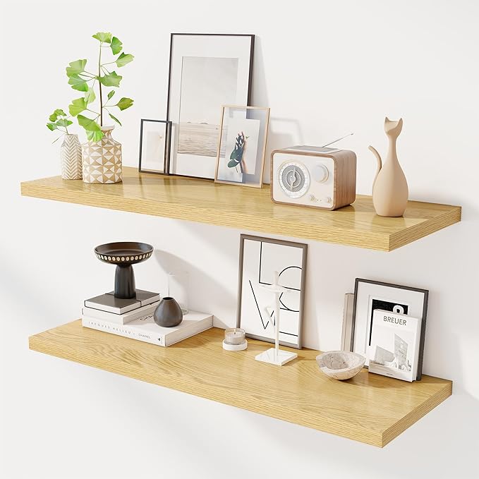 Dreamland 40" Floating Shelves for Wall, 12" Deep Slim Oak Floating Shelves, Wall-Mounted Shelves for Bedroom, Living Room, Kitchen, Bathroom - Set of 2