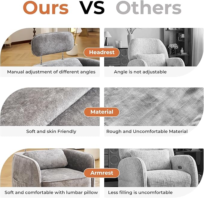 Modern 360° Grey Swivel Accent Chair with Adjustable Headrest, Chenille Accent Chair for Living Room, Vanity Chair for Makeup, Swivel Barrel Chair with Lumbar Pillow, Comfy Barrel Armchair, Grey