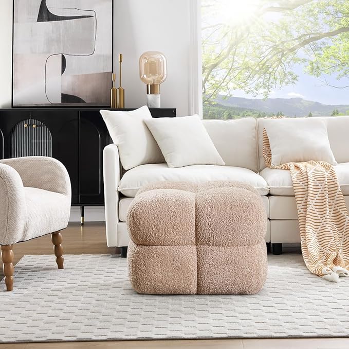 ONEVOG 21" Light Brown Funky Ottoman, Square Fuzzy Couch Sherpa Pouf Ottoman, Tufted Fluffy Boucle Fabric Foot Stools, Upholsered Footrest & Coffee Table for Living Room Bedroom, Cute Pouf Home Decor