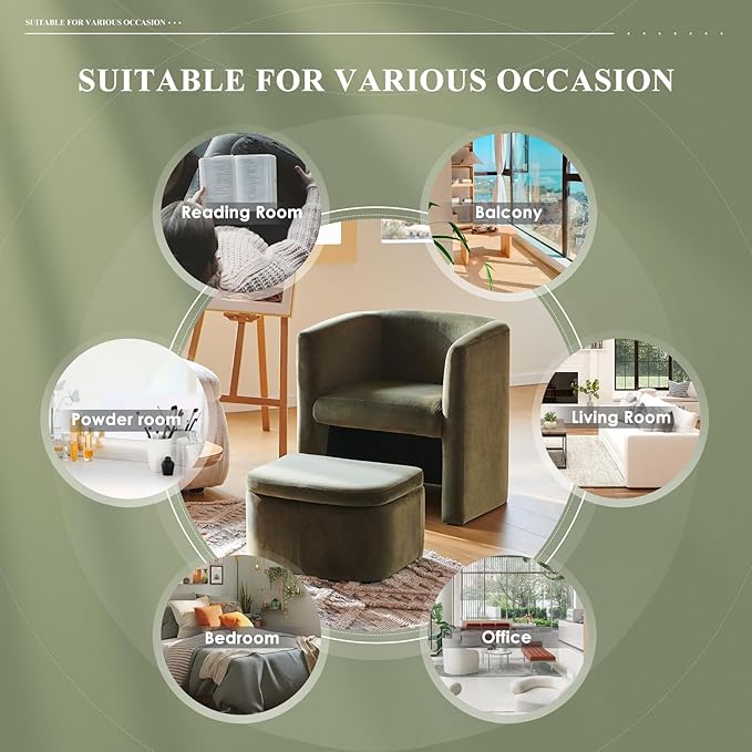 Mid-Century Velvet Living Room Chair Set of 2 with Storage Ottoman, Space-Saving Accent Chairs for Bedroom/Reading Spaces/Office, Green