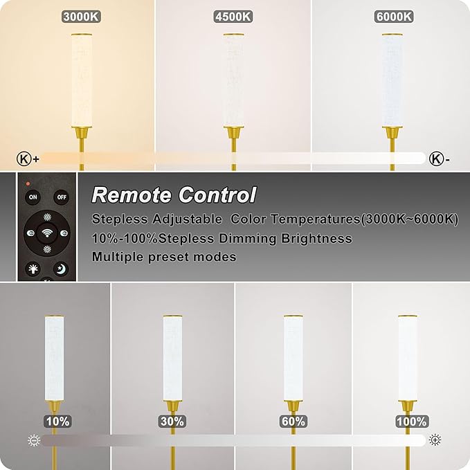 Floor Lamp with Remote Control,Floor Lamps for Living Room/Bedroom/Office, Stepless Adjustable 3000K-6000K Colors and 10-100% Brightness,Standing Light with Foot Switch (brassgold+Beige Linen)