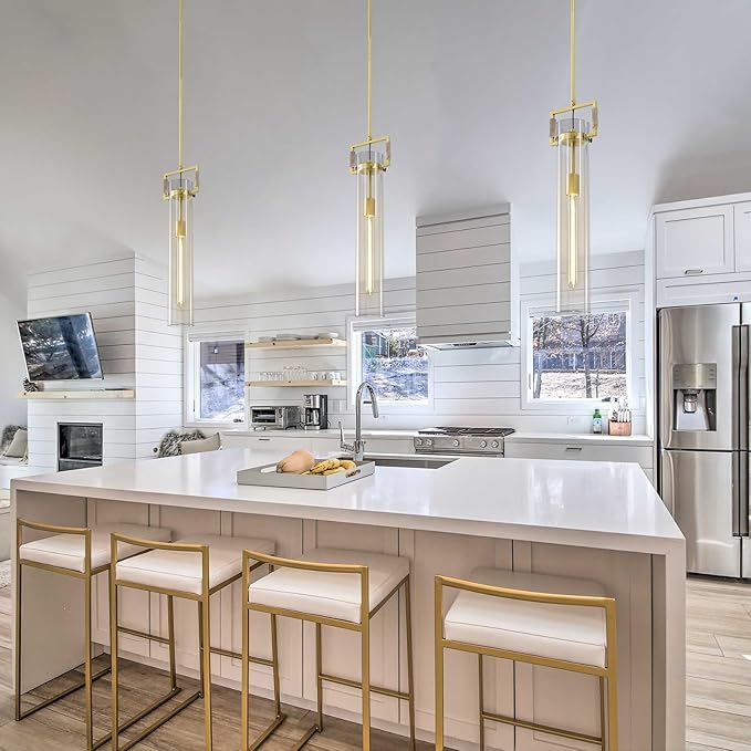 Brass Pendant Lights,Modern Glass Pendant Lights Kitchen Island,21.6'' Farmhouse Gold Kitchen Pendant Lighting Over Island for Dining Table,Bathroom,Bedroom,Included E26 Bulb