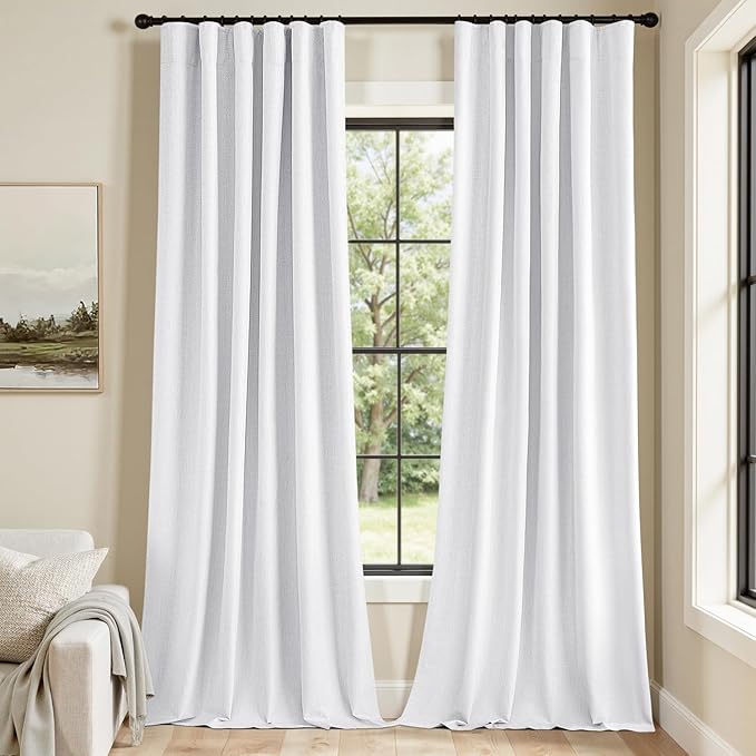 MIULEE 100% Blackout Curtains 108 Inch Long 2 Panels Set for Bedroom, Thick Faux Linen Black Out Curtain Room Darkening Back Tab Pleat Window Textured Drapes with Hooks for Living Room, Bright White