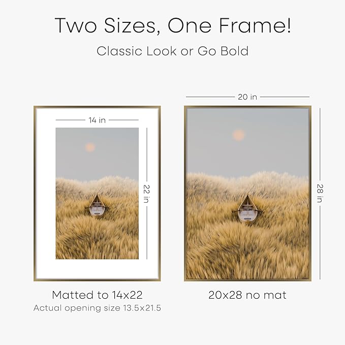 Homeforia Picture 20x28 Bronze Frame, High End Metal 20 x 28 Brass Poster Frames with Mat 14 x 22 for Photo, 20x28 Frame Matted to 14x22 Print, 28x20 Hanging Frames, Tempered Glass, Wall Kit, Set of 1