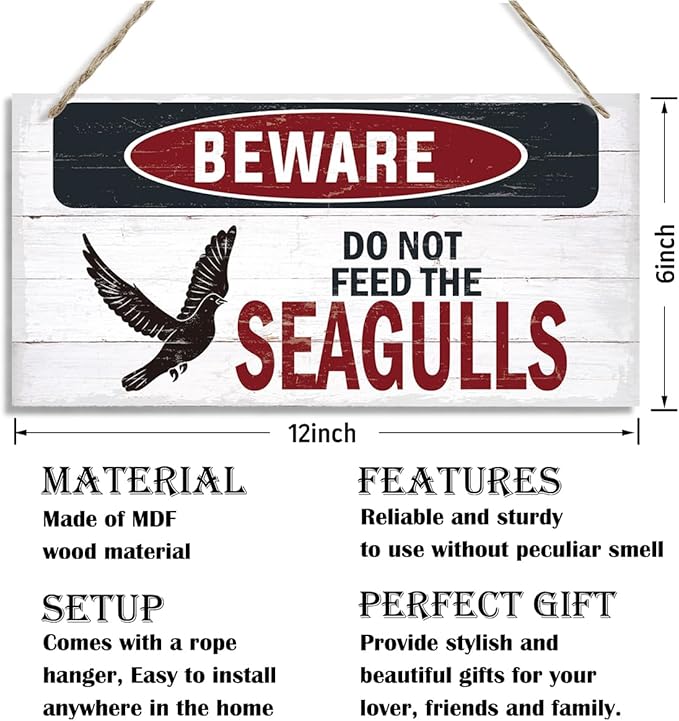 Warning Sign, Do Not Feed The Seagulls Seaside Beach Cafe Bar Metal Wall Warning Wood Plaque Sign, Funny Door Signs, Decorative Wood Hanging Suspension Plaque, Farmhouse Wooden Wall Decor