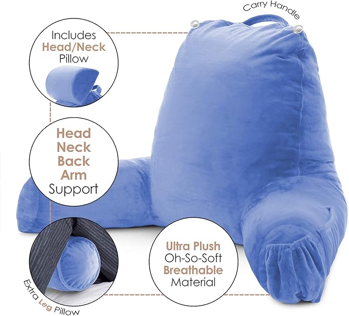 Nestl Reading Pillow Large Bed Pillow, Back Pillow for Sitting in Bed Shredded Memory Foam Chair Pillow, Reading & Bed Rest Pillows Calm Blue Back Pillow for Bed, Bed Chair Arm Pillow with Pockets