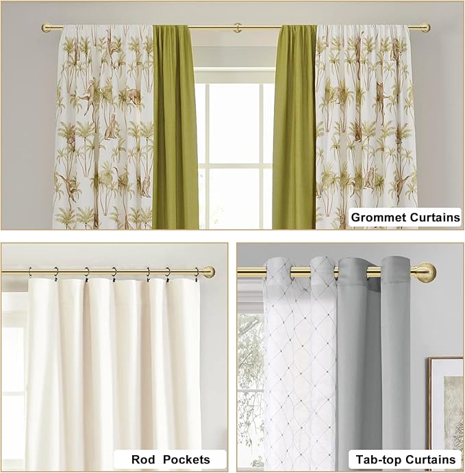 Brushed Gold Curtain Rods 18 to 120 in,Wraparound Curtain Rods,Adjustable Length,1 in Diameter Pipe,Wall or Ceiling Mounted,for Bedroom and Living Room (Brushed Gold 18” to 120”)