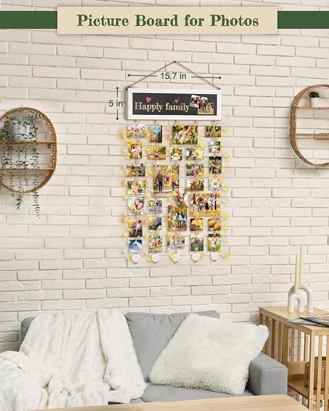 Bikoney Picture Frames Collage Wall Decor Photo Hanging Display Picture Board Wood Rustic Frames for Home Dorm Room Decor with Blackboard and 30 Clips White