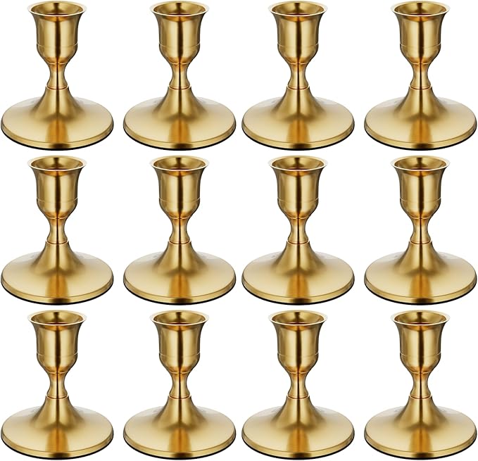 12PCS Brass Gold Taper Candle Holders Set, Vintage Metal Candlestick Holders for Dinner Room Table Centerpiece or Mantel Wedding Party Decor