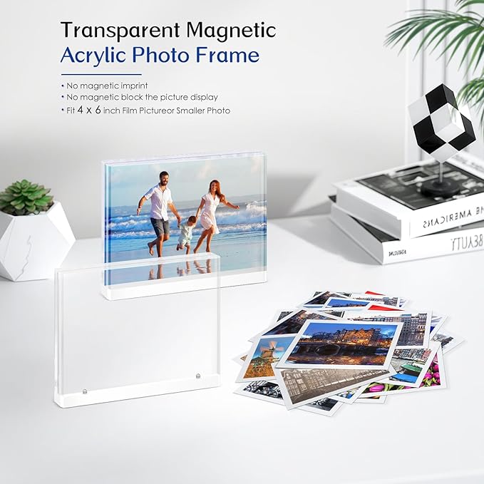 4-Pack 4x6 Acrylic Frame – Concealed Magnetic Free-Standing Horizontal Display, Clear Frameless Acrylic Frames for Pictures, Artworks, Postcards or Photo Prints on Desk, Shelves, and Office Decor