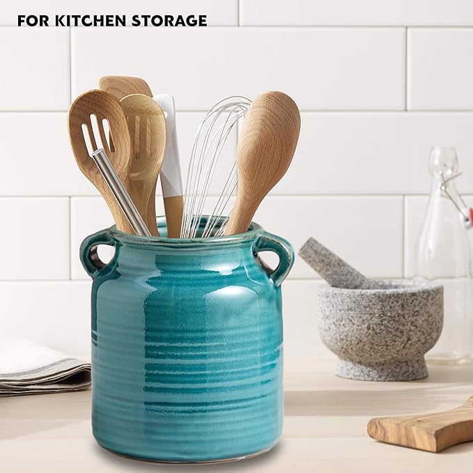 Ceramic Rustic Distressed Green Flower Vase for Centerpieces, Kitchen, Office or Living Room (5.9''x6.3'')