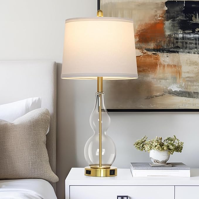 27.5" Clear Glass Table Lamp Set of 2,3-Way Dimmable Touch Control Bedside Lamps with USB Ports and AC Outlet, Modern Nightstand Lamps Gold lamp for Bedroom Living Room