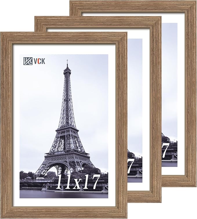 VCK 11x17 Picture Frame Set of 3 - Brown Walnut, Natural Textured Solid Wood Picture Poster Frame, Wall Gallery Frame