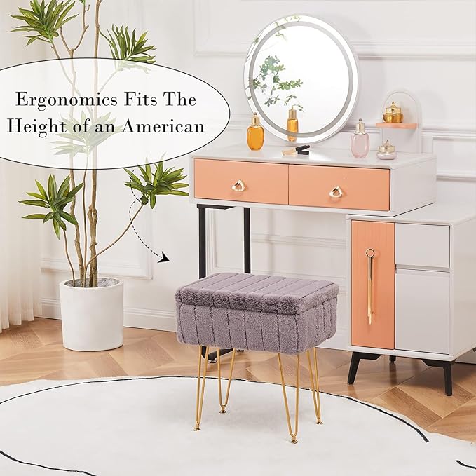 Wimarsbon Faux Mink Fur Storage Ottoman, Modern Soft Footstool, Storage Bench with Metal Legs, Vanity Seat, Fur Stool, Ottoman Coffee Table, Makeup Chair, Vanity Stools for Bedroom (Grey)