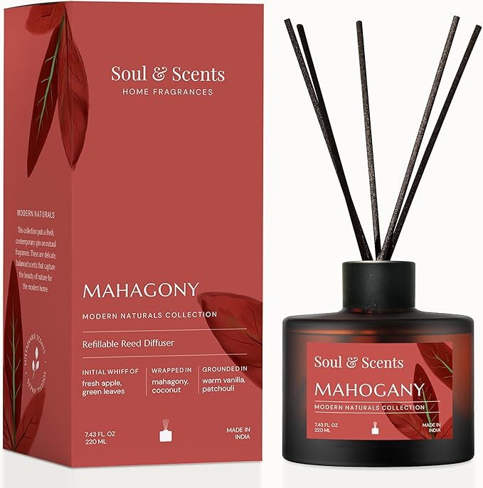 Soul & Scents Reed Diffuser Set – Mahogany | 7.43 oz Refillable Scented Oil with 6 Fiber Sticks | Long-Lasting Home Fragrance & Air Freshener for Bedroom, Bathroom, Office | Gift & Décor Piece