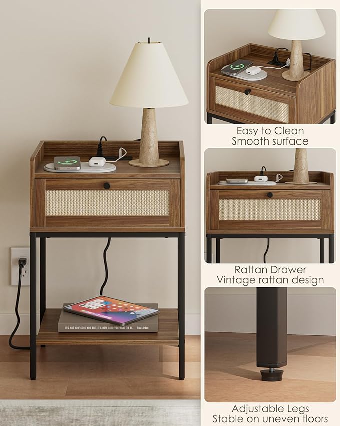 Masupu Nightstand with Charging Station, Modern Bedside Table Night Stand with Storage Drawer and Shelf,Small End Side Table for Bedroom,Living Room,Walnut Brown