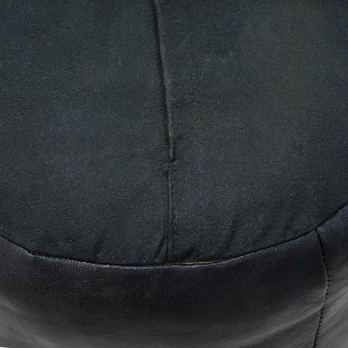 Round Shaped Goat Leather Handmade Eco-Friendly Black Pouf - 16"x16"x16", Plain Solid, Recycled Foam With Fibre Fill Stuffed, Leather Seating PF12