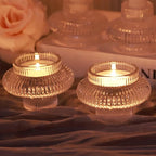 VOHO Vintage Candlestick Holders Set of 6, Dual Sided Candle Sticks Holder Decor for Taper Candles/Tea Lights Candles, Ribbed Candle Holder for Dining Table Centerpiece, Wedding/Christmas Decor(Clear)