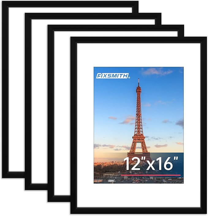 FIXSMITH 12x16 Picture Frame Set of 4, Photo Frame with HD Plexiglass, Display Pictures 8.5x11 with Mat or 11x17 Without Mat, Black Picture Frames Collage Wall Decor, Gallary Wall Frame