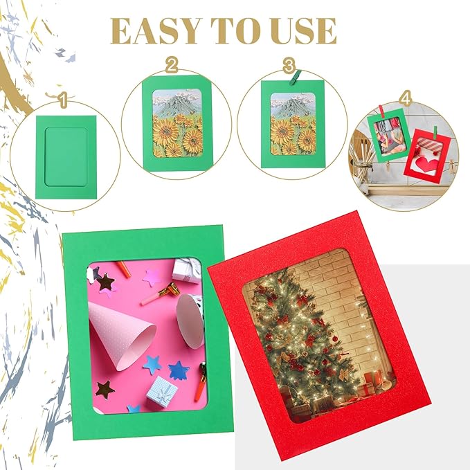 Janlaugh 100 Pcs Paper Photo Frames 4x6 Paper Frame with 100 Clip 10 String Kit DIY Hanging Cardboard Photo Holder Back to School Wall Decor Wedding Home(Red, Green)