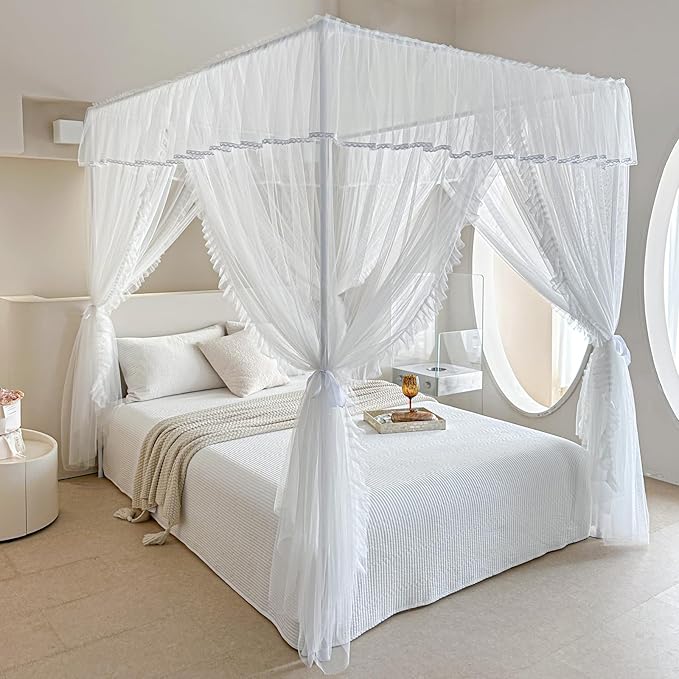 AIKASY 4 Corners Post Ruffle Princess Bed Canopy Curtain - Double Layer Cozy Drape Netting with 4 Openings - Elegant Mosquito Net for Girls and Adults Bedroom Decoration (White, King)
