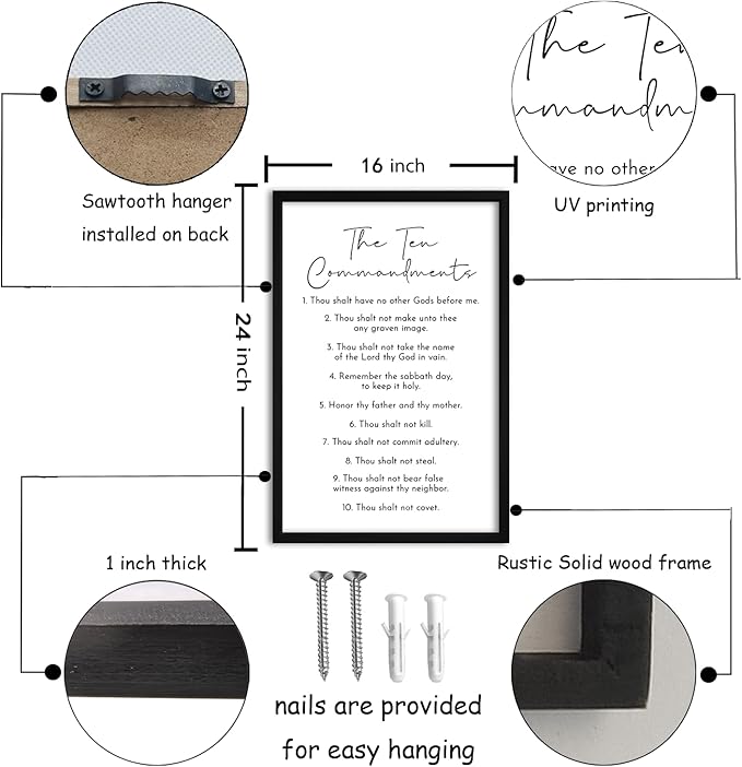 flowtorely The Ten Commandments Sign Bible Verse Wall Decor 24"X16" Christian Catholic Scripture Large Wooden Framed Wall Hanging Art (Black)