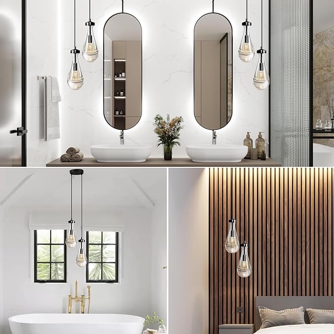 Modern Raindrop Pendant Lights, Black Cluster 2-Light Pendant Lights Kitchen Island, Bronze Bedside Pendant Lighting, Adjustable Suspension Cord for Dining Room,Bathroom,Bedroom,Bulb Included