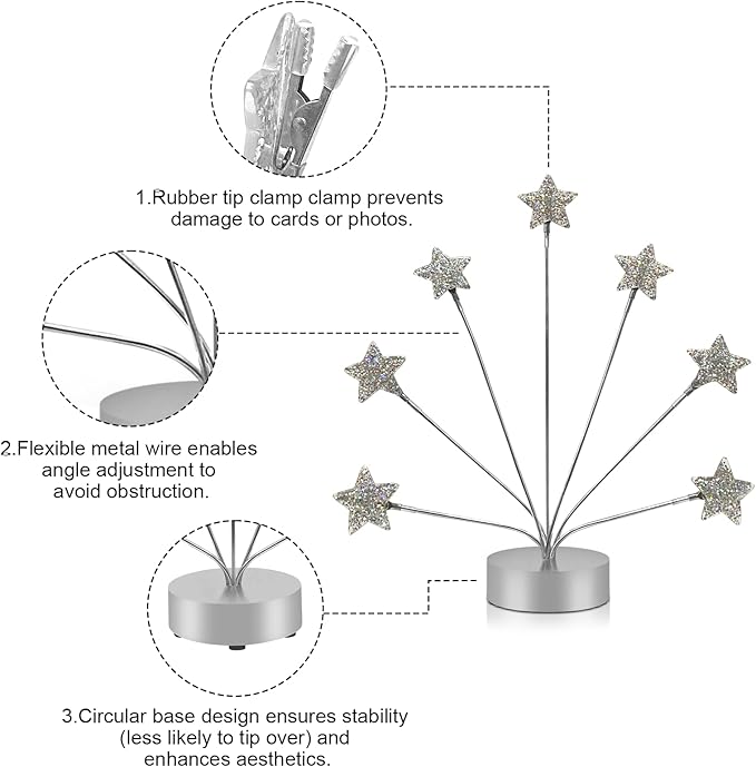 7-Branch Family Desktop Photo Tree Holder Clip Round Base, Card Picture and Memo Desk Frame Display Stand for Wedding Party Christmas Photo Clip Holder Table Numbers (Stars)
