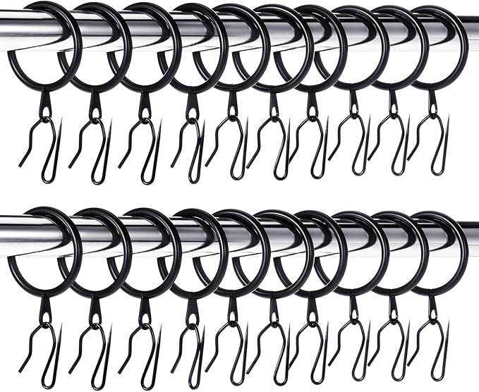 Hotop 60 Pieces 1.26 Inch Metal Drapery Curtain Rings Curtain Hanging Rings and 60 Pieces Metal Drapery Pin Hooks for Drapes Window Door Shower (Black)