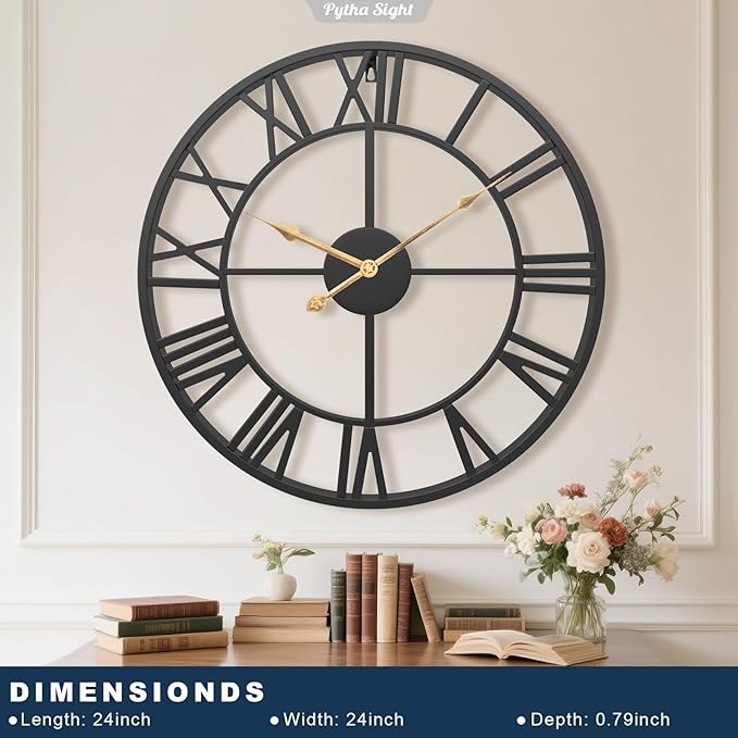 24 Inch Large Oversized Farmhouse Modern Decorative Wall Clock for Living Room,Silent Industrial Big Roman Numerals Vintage Metal Round Wall Clocks for Kitchen,Dinng Room,Office