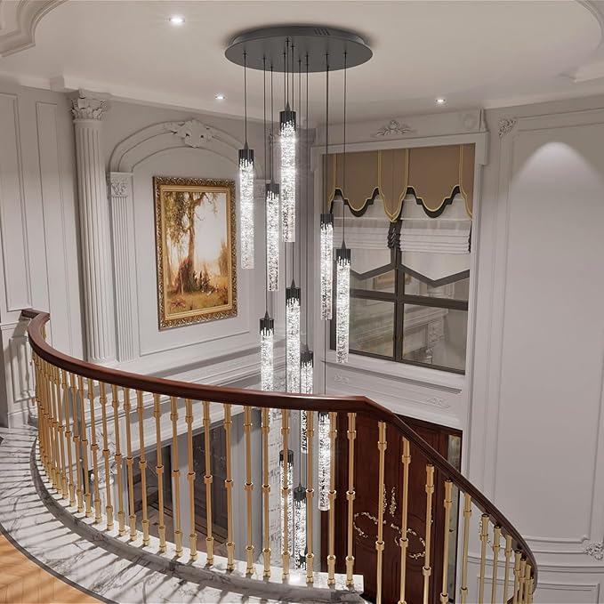 H138'' Crystal Bubble Column Chandelier Black 12-Lights Ceiling Light for Foyer Entrance Pitched Ceiling Loft Lighting Fixture LED Dimmable 2700K-6000K