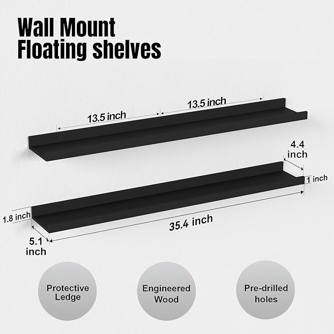35.4 Inches Long Floating Shelves Wall Mounted, 2 Set Modern Black Wall Shelf for Bedroom, Nursery Book Shelf with Lip, Picture Ledge Shelf for Decor Living Room Bathroom Kitchen- Black